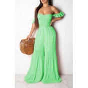 Lovely Stylish Flounce Desogn Loose Green One-piec