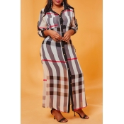 Lovely Casual Plaid Print Beige Ankle Length Plus 