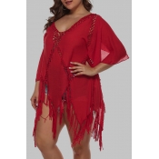 Lovely Casual See-through Red Plus Size Cover-up