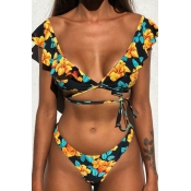 Lovely Flounce Yellow Two-piece Swimsuit