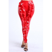 Lovely Sweet Flounce Design Red PU Pants