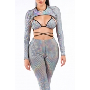 Lovely Sexy Hollow-out Silver Two-piece Pants Set