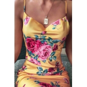 Lovely Chic Spaghetti Strap Print Yellow Mini Dres
