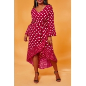 Lovely Casual Dot Print Red Mid Calf Plus Size Dre