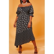 Lovely Casual U Neck Asymmetrical Print Black Mid 