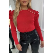 Lovely Casual Button Red Blouse