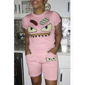 Lovely Chic Eye Print Pink Two-piece Shorts Set