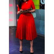 Lovely Casual O Neck Fold Design Red Knee Length D