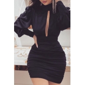 Lovely Sweet Mandarin Collar Black Mini Dress