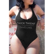 Lovely Plus Size Letter Print Black One-piece Swim