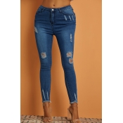 Lovely Casual Hollow-out Blue Jeans