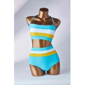 Lovely Striped Acid Blue Two-piece Swimsuit