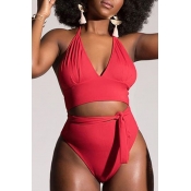 Lovely V Neck Red Two-piece Swimsuit