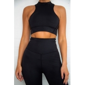 Lovely Casual Crop Top Black Two-piece Pants Set