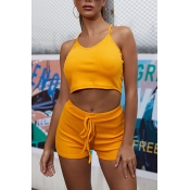Lovely Casual Drawstring Yellow Two-piece Shorts S