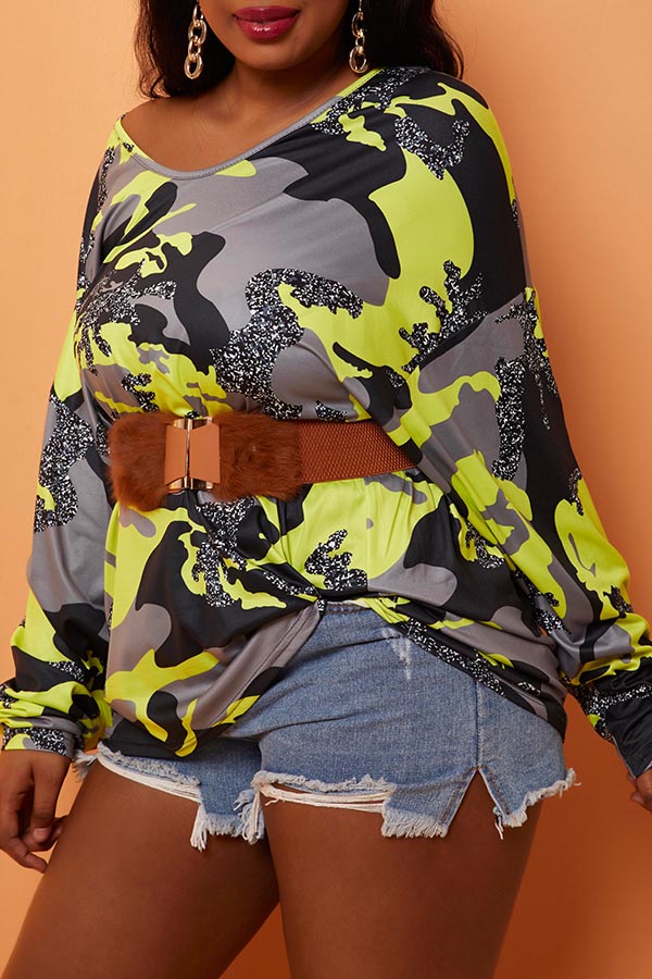 Lovely Trendy Print Yellow Plus Size Blouse