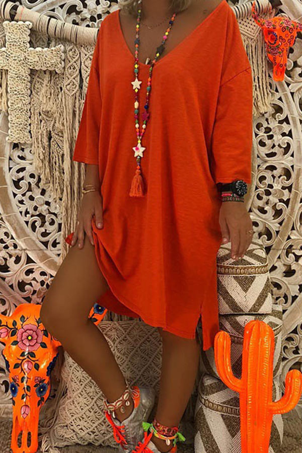 Lovely Casual V Neck Loose Jacinth Mini T-shirt Dress