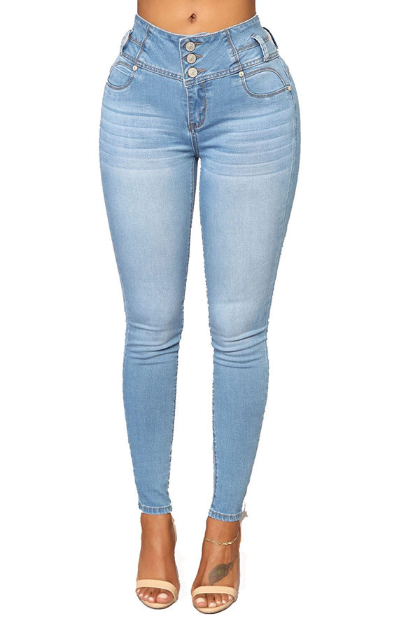 Lovely Casual  Button Skinny Baby Blue Jeans