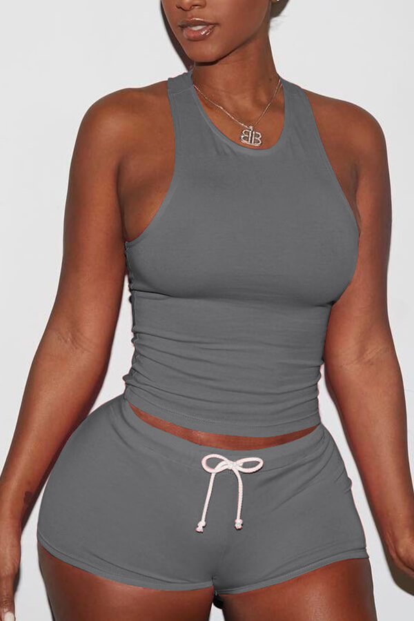 Lovely Casual Sleeveless Dark Grey Two-piece Shorts Set