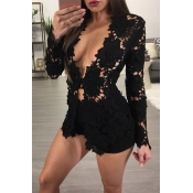Lovely Sweet Hollow-out Black Two-piece Shorts Set