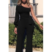 Lovely Chic One Shoulder Black One-piece Jumpsuit