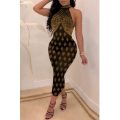 Lovely Sexy See-through Print Gold Mid Calf  Dress