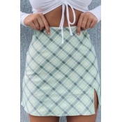 Lovely Sweet Grid Print Green Skirt