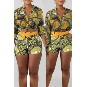 Lovely Casual Print Golden Yellow Two-piece Shorts
