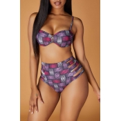 Lovely Grid Print Multicolor Bathing Suit Two-piec