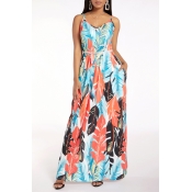 Lovely Sweet V Neck Print Loose Blue Maxi Dress