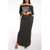 Lovely Casual Letter Print Black Ankle Length Dres