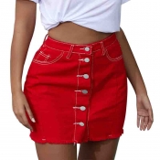 Lovely Chic  Button Design Red Skirt