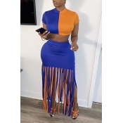 Lovely Trendy Tassel Design Blue Two-piece Skirt S