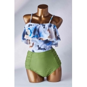 Lovely Flounce Design Green Bathing Suit Two-piece