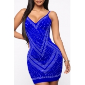 Lovely Sexy Hot Drilling Decorative Blue Mini Dres