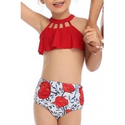 Lovely Hollow-out Red Girl Bathing Suit Two-piece 