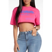 Lovely Casual Crop Top Letter Print Rose Red T-shi