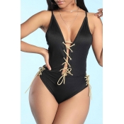 Lovely Bandage Design Black Bathing Suit One-piece