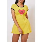 Lovely Casual Heart Print Yellow Mini Dress