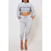 Lovely Casual Letter Print Grey Two-piece Pants Se
