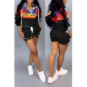 Lovely Leisure Patchwork Black Two-piece Shorts Se