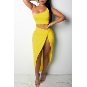 Lovely Sexy One Shoulder Side High Slit Yellow Two