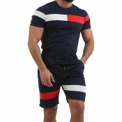 Lovely Trendy Patchwork Dark Blue Two-piece Shorts
