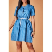 Lovely Casual Button Blue Mini Dress