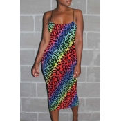 Lovely Sexy Leopard Print Mid Calf Dress