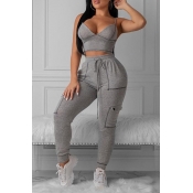 Lovely Sportswear Pocket Patched Grey Two-piece Pa