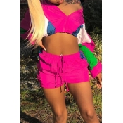 Lovely Casual Patchwork Rose Red Two-piece Shorts 