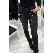 Lovely Casual Nail Bead Design Black Jeans