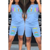Lovely Leisure Letter Print Baby Blue Two-piece Sh