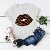 Lovely Casual O Neck Lip Print White T-shirt